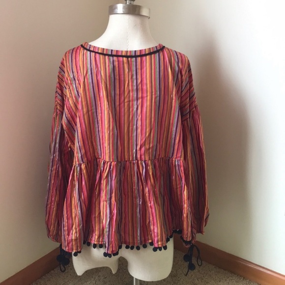 Boho Colorful Rainbow-Stripe Peplum Pom Pom Top Size M - Picture 2 of 6